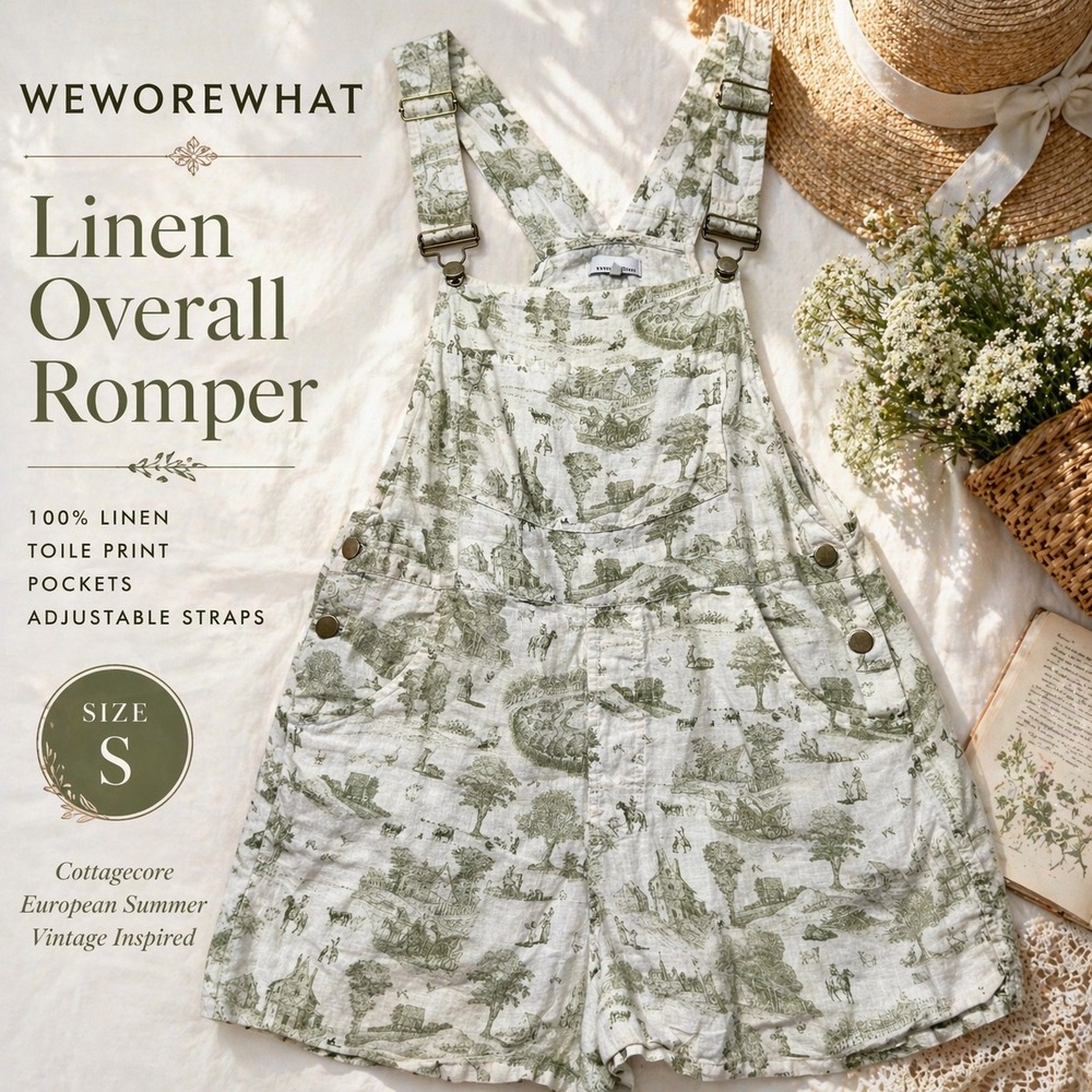 WeWoreWhat Linen Toile Romper Overalls Cottagecore‎ Shortalls Pockets Small